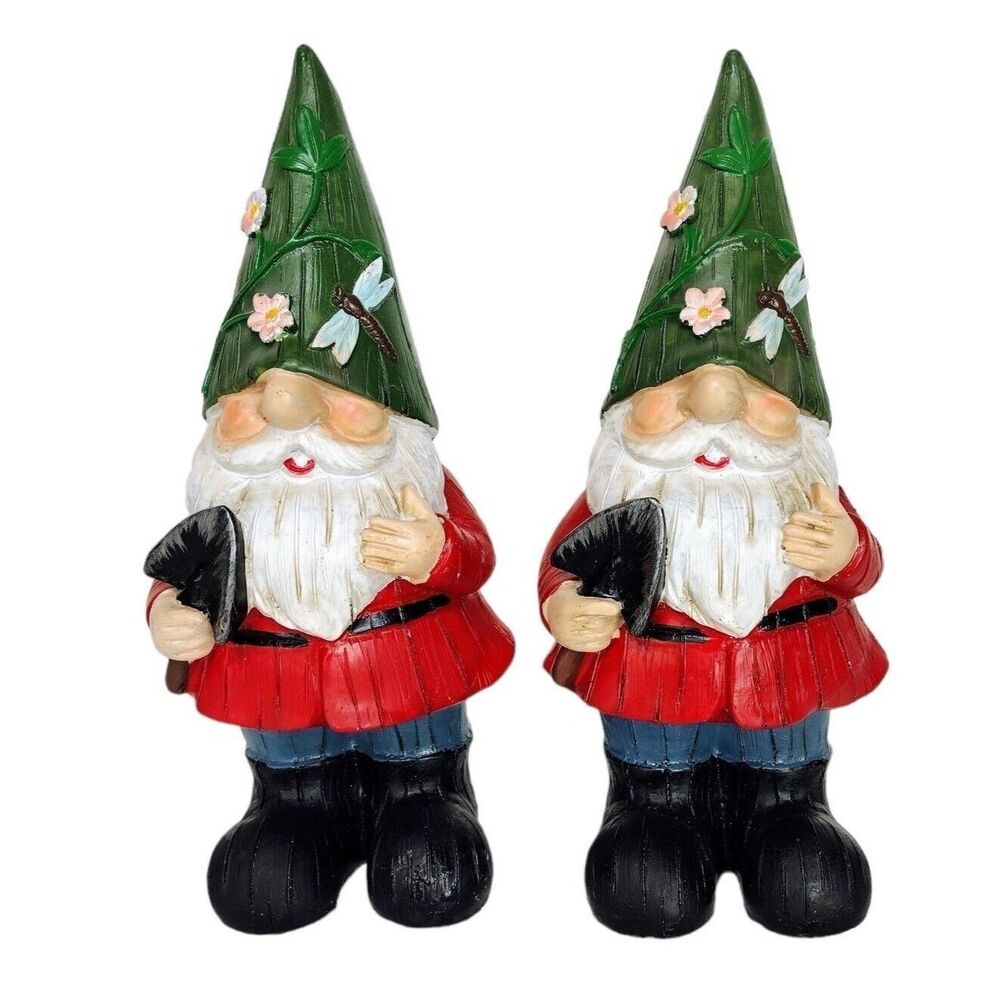Garden Gnome Figurine Dragonfly & Flowers on Hat Holding Shovel Decor 8.5" NEW